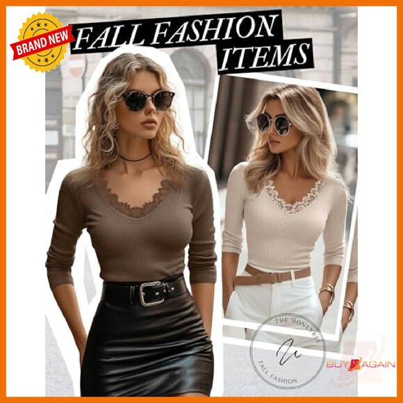 3-Pack Women's 3/4 Sleeve Lace V-Neck Ribbed Cotton Slim Fit Tops - Picture 4 of 8